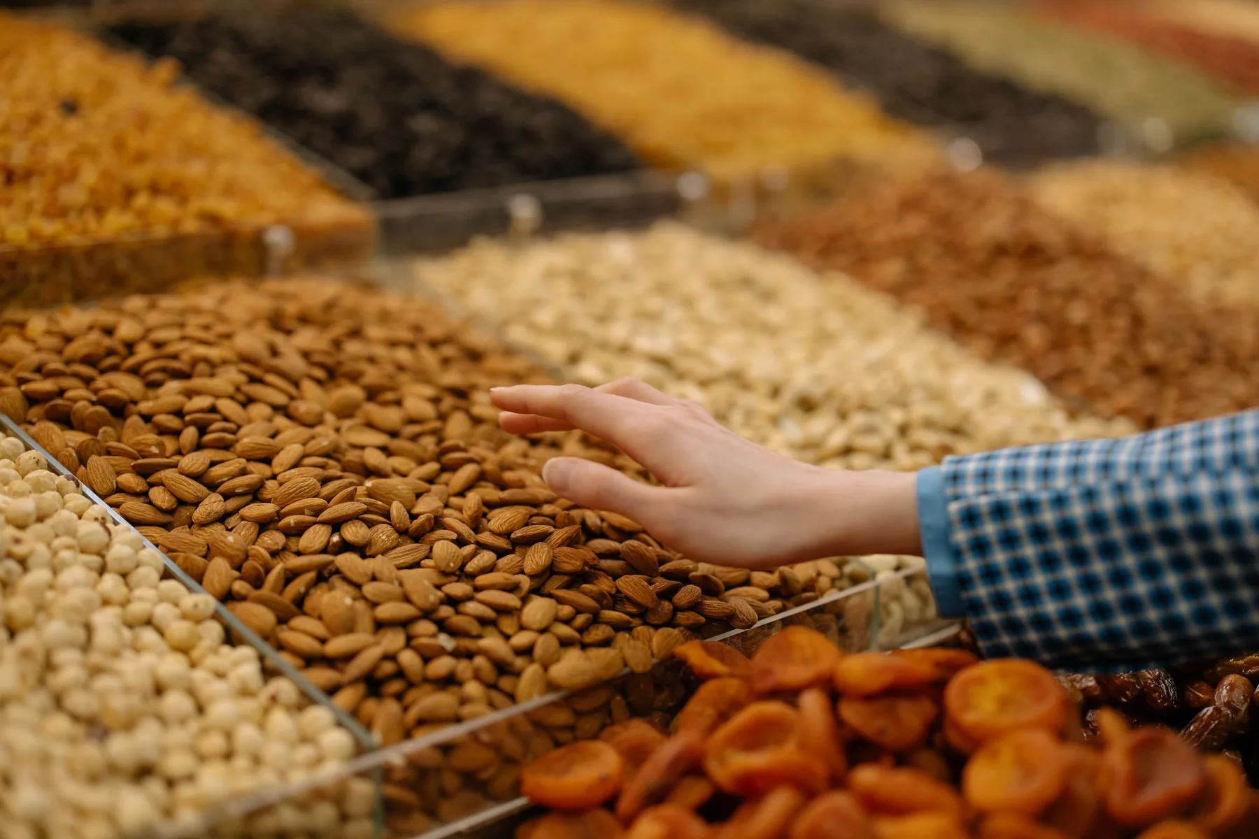 Representative retail display of almonds and dried goods