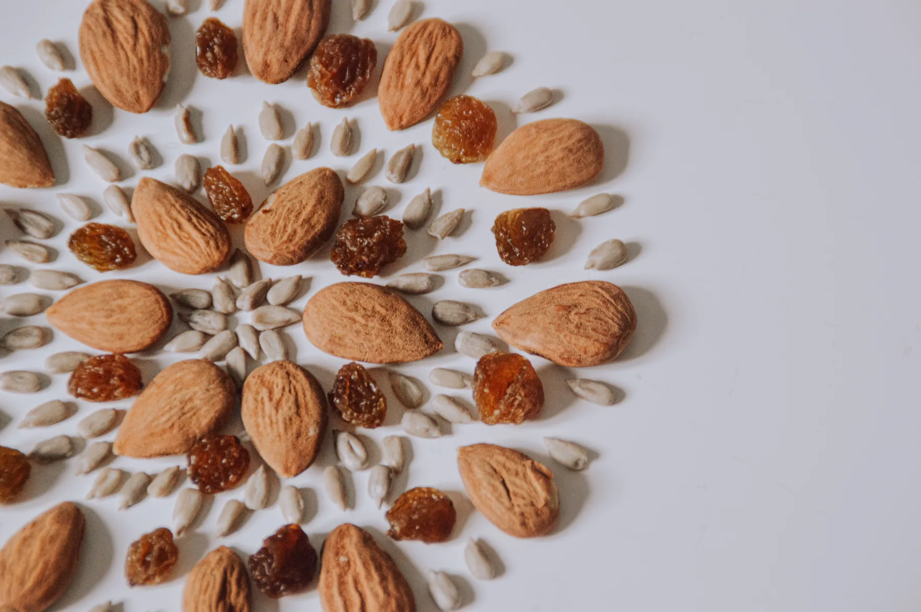 Representative arrangement of almonds raisins and seeds