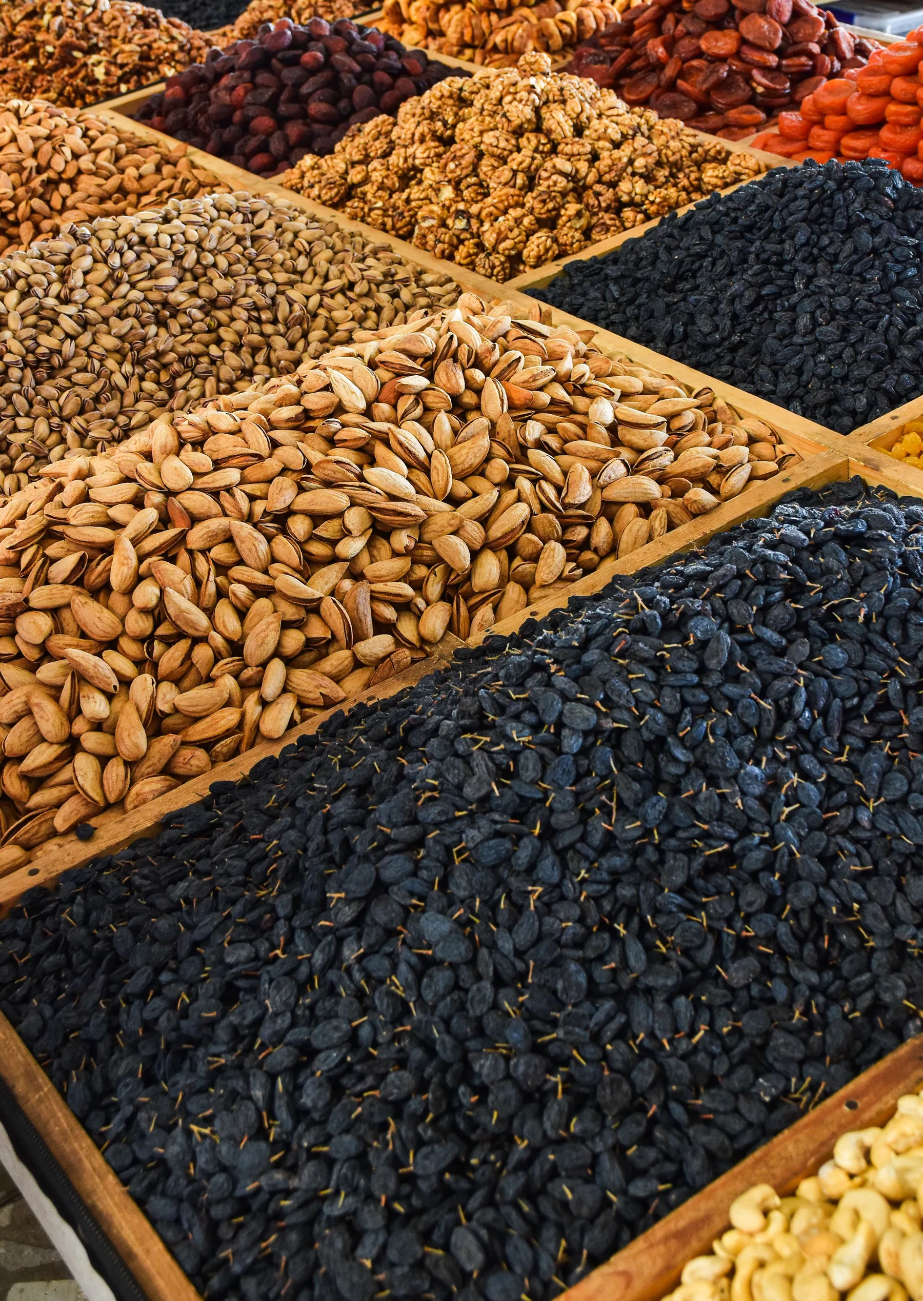 Representative market display of nuts seeds and dried fruits