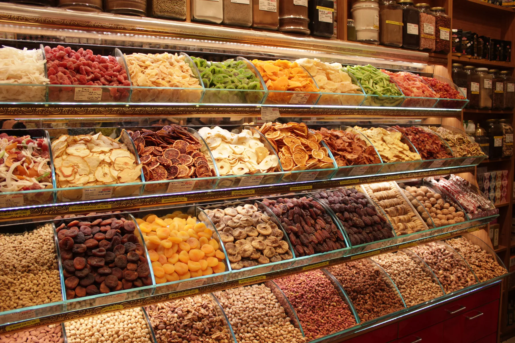 Representative retail shelves with dried fruits and nuts